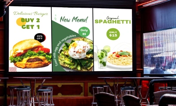 Digital menu with offers like Buy 2 get 1 and 45% discount is shown on a wide and large video wall
